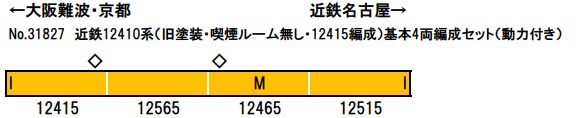 近鉄12410系（旧塗装 喫煙室無し 12415編成）基本4両編成セット（動力付き）【グリーンマックス・31827】「鉄道模型 Nゲージ グリーンマックス」_1