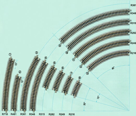 ユニトラックシリーズの曲線レールです。曲線線路315Rを基準として、33mmごとの本線用曲線線路と、ポイント用補助曲線線路があり、様々なレイアウトを実現します。●写真番号：11●4本入 ●メーカー：KATO ●商品番号：20-100●スケール：Nゲージ R249-15° R282-15° R315-45° R315-15° R348-30° R348-45°