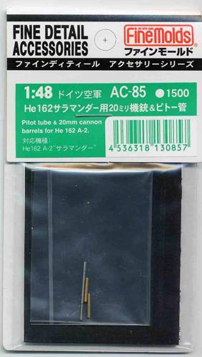 ■商品説明サラマンダー機首の20mm機銃をよりシャープに再現。ピトー管先端部分はシルバー地の金属地肌を活かし、無塗装で実感あふれる表現ができます。●対応機種：He162A-2サラマンダー■商品スペックメーカー：ファインモールド品番：AC85スケール：1/48JAN：4536318130857