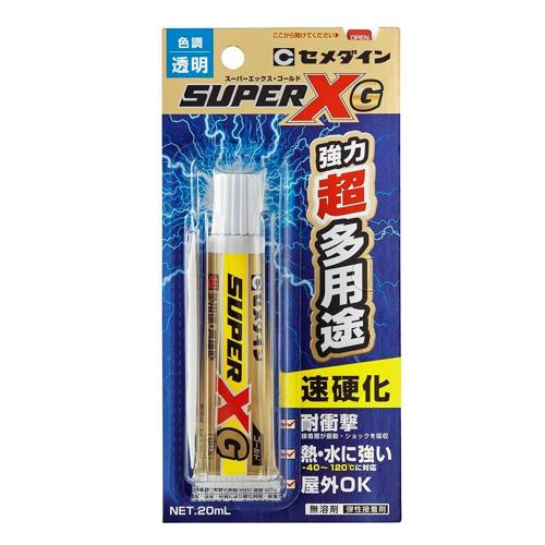 ■商品説明特長超多用途で、様々な材質に対応速硬化。2分で動きづらくなり、15分で実用強度に達する。（※）ショックに強い。弾性接着層がショックを吸収し、ハガレにくい。硬化後も透明で、接着部分が目立ちにくい。熱・水に強く、屋外にも使える。-40℃〜120℃に対応。タレにくく、垂直面にも使用しやすい。硬化後も肉ヤセがなく、凹凸面も接着できる。いやなニオイが少ない、無溶剤タイプ。皮・布など、柔らかい素材の柔軟性を失わない。●動きづらくなる時間：約2〜3分（1あたり2kgf）●実用強度に達する時間：約15分（1あたり10kgf）●完全硬化時間：約24時間※試験条件：木材×木材、23℃、湿度50%、せん断試験※温度・湿度・材質により硬化時間・接着力は異なります用途接着スピートが速く透明度が高いため、趣味や手芸、補修に広く使用できます接着できるもの金属、硬質プラスチック、軟質塩化ビニル、コンクリート・タイル、陶磁器・石材、合成ゴム、皮革・布、木材　等※貴金属や高価格品の接着には使用しないでください。※皮ふや飲食物が直接触れる部分の接着・補修には使用しないでください。※接着面が小さい部分（眼鏡フレームなど）には充分な接着力が得られません。※生物を入れる容器には使用できません。接着できないものポリエチレン、ポリプロピレン、フッ素樹脂、ポリアセタール　等使い方両面解説(1)接着面の汚れを落としてよく乾燥させます。接着する面のゴミ・サビ・油などの汚れをサンドペーパーやアルコールなどで落としてよく乾燥させます。ゴムや皮革は必ずサンドペーパーをよくかけてください。(2)両面に塗ります。使い方の画像添付のヘラの薄塗面を使用し、接着する両面に薄く均一に塗布します。(3)放置します。使い方の画像約1分放置します。(4)貼り合わせます。使い方の画像粘着テープのような粘着性がでてきたらすぐに貼り合わせ、強く押さえます。必要に応じて粘着テープやヒモなどで固定します。片面解説10cm角以下の「小さい面積」または「湿気を通すもの」には片面塗りが可能です。※約24時間（23℃湿度50％）で実用強度に達します。※放置時間を取りすぎて接着できなくなった場合は再度上から塗布して最初からやり直してください。※はみ出し部は硬化前ならラッカー薄め液でふき取りますが、下地を侵すなど異常がないかどうか充分確認してください。硬化後はカッターなどで切り取った方がきれいに仕上がります。この場合ケガをしない様に注意してください。「br使い方どんな接着剤でも、とりあえず塗って押さえつければ良いというわけではありません。a）片面片面に塗って、すぐ貼り合わせる。b）両面両面に塗って、乾かしてから、貼り合わせる。c）混ぜて2液を混ぜてから、塗って、すぐ貼り合わせる。■商品スペックメーカー：セメダイン品番：AX-023容量：10mL／ブリスターJAN：4901761184892