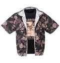 大きいサイズ メンズ メッシュボタニカル柄プリント半袖フルジップパーカー+半袖Tシャツ COLLINS ブラウン系×ブラック 3L 4L 5L 6L 8L