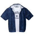 大きいサイズ メンズ メッシュデニム風プリント半袖フルジップパーカー+半袖Tシャツ COLLINS ネイビー×ホワイト 3L 4L 5L 6L 8L