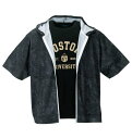 大きいサイズ メンズ メッシュデニム風プリント半袖フルジップパーカー+半袖Tシャツ COLLINS ブラック×ブラック 3L 4L 5L 6L 8L