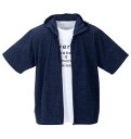 大きいサイズ メンズ 針抜きストライプ半袖フルジップパーカー+半袖Tシャツ launching pad ネイビー杢×ホワイト 3L 4L 5L 6L