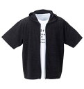 大きいサイズ メンズ 針抜きストライプ半袖フルジップパーカー+半袖Tシャツ launching pad ブラック杢×ホワイト 3L 4L 5L 6L