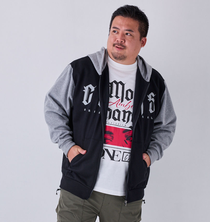 樂天商城 - 大きいサイズ メンズ 裏起毛配色フルジップパーカー+半袖Tシャツ COLLINS ブラック×ホワイト 3L 4L 5L 6L 8L