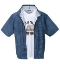 大きいサイズ メンズ メッシュヒッコリー風プリント半袖フルジップパーカー+半袖Tシャツ COLLINS ネイビー×ホワイト 3L 4L 5L 6L 8L