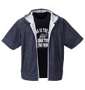 大きいサイズ メンズ メッシュヒッコリー風プリント半袖フルジップパーカー+半袖Tシャツ COLLINS ブラック×ブラック 3L 4L 5L 6L 8L