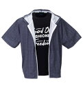 大きいサイズ メンズ メッシュヘリンボーン風プリント半袖フルジップパーカー+半袖Tシャツ COLLINS グレー系×ブラック 3L 4L 5L 6L 8L