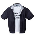 大きいサイズ メンズ メッシュヘリンボーン風プリント半袖フルジップパーカー+半袖Tシャツ COLLINS ブラック系×ホワイト 3L 4L 5L 6L 8L