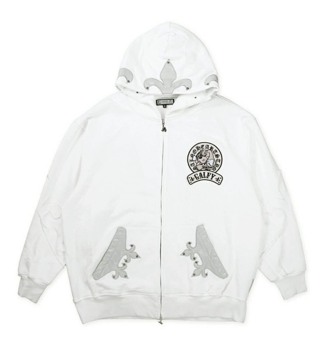楽天大きいサイズのメンズ服 ミッド【新商品】GALFY 大きいサイズ メンズ 百合の紋章フルジップパーカー ホワイト 3L 4L 5L 6L
