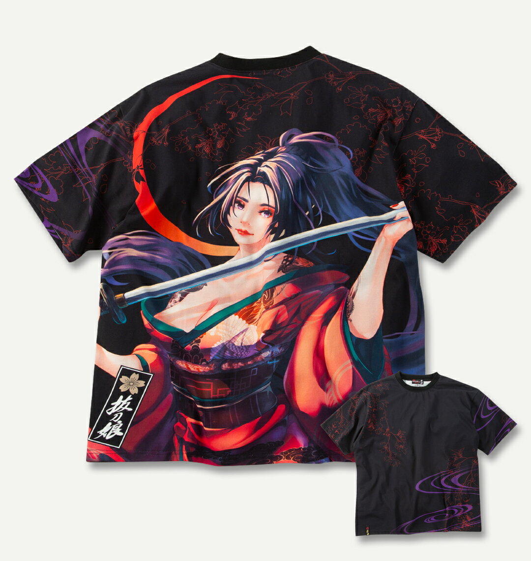 絡繰魂抜刀娘 大きいサイズ メンズ 穂乃花三日月桜半袖Tシャツ ブラック 3L 4L 5L 6L 8L