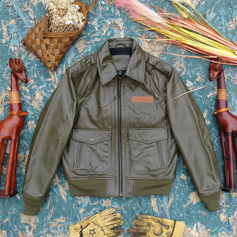 Men'S - 上品　G2 フライトジャケット メンズ 植鞣し牛革　本革ジャケット 革ジャン レザージャケット M～XXL グリーン