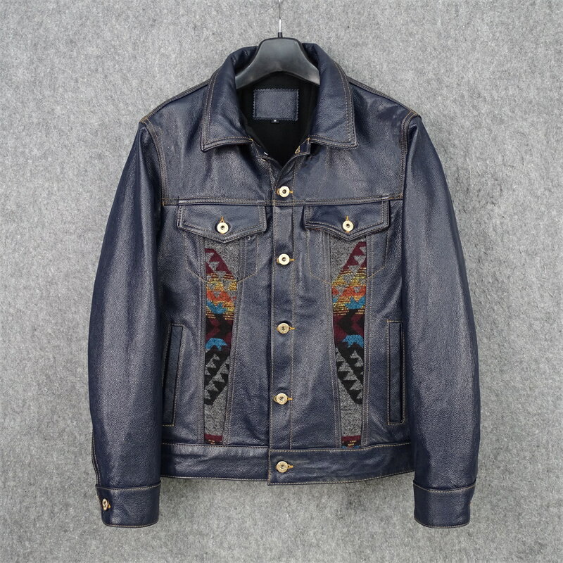 レザージャケット 上品　ナバホ柄切り替え　本革 　牛革　暖かい　ライダースジャケット 革ジャン S～5XL　ネイビー(2)