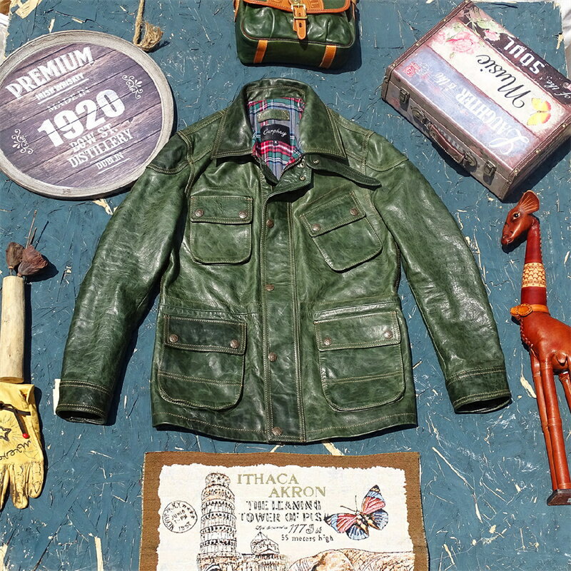 乐天商城 - レザージャケット 上品 アメカジ M65 本革 馬革 1.2mmユーズド加工 ホースハイド 1.3mm ライダースジャケット 革ジャン S～4XL グリーン