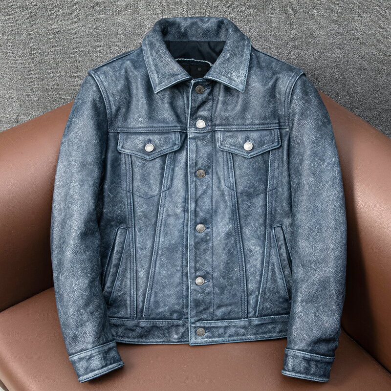 ヴィンテージ復刻デザイン　アメカジ 牛革　カウハイドレザー 　ユーズド加工　ライダースジャケット ブルー　S～5XL