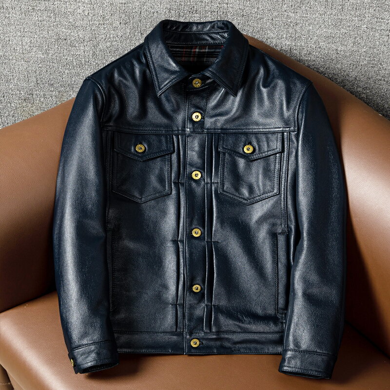 レザージャケット メンズ アメカジ 品質の高い 格好良い バイクジャケット秋冬 牛革 本革 革ジャンS～5XL ネイビー