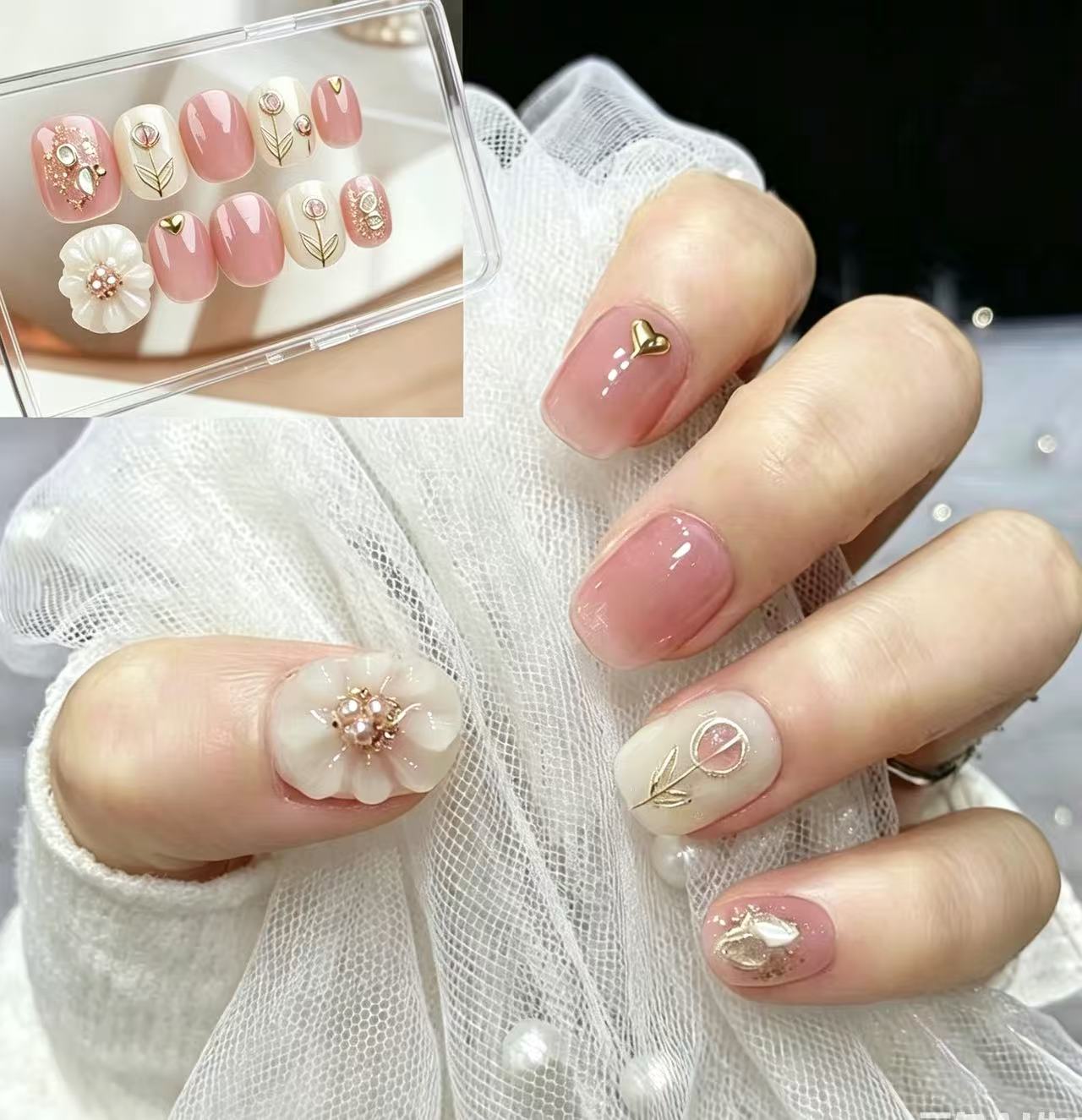 サロン級 ネイルチップ 貼るだけ簡単 花 ネイルチップ ジェル ライトグリーン 春 人気 キラキラ 花 ピスタチオカラー ベージュ フラワー 貼るだけネイル ラウンド ショート ネイルシール サイズ別 短い 10枚入 手作 かわいい ジェルネイルチップ 着剤付き