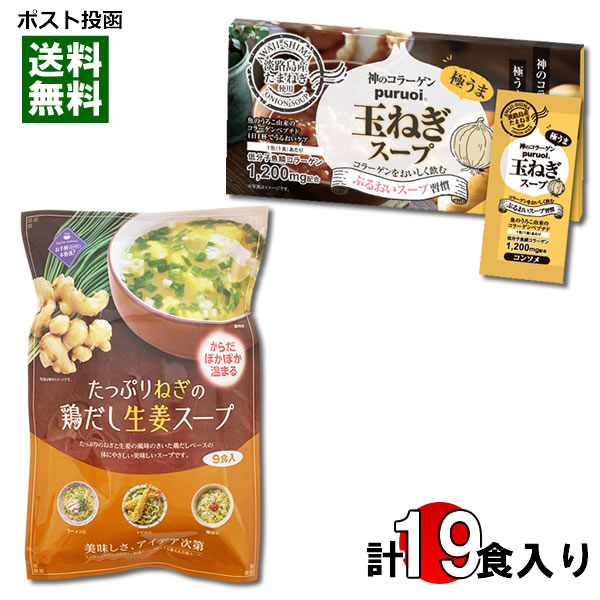 【メール便送料無料】トーノー たっぷりねぎの鶏だし生姜スープ 9食＆神のコラーゲンプルオイ玉ねぎスープ 10食入り 詰め合わせセット