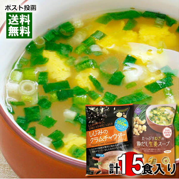 【メール便送料無料】トーノー しじみのクラムチャウダー 6人前&たっぷりねぎの鶏だし生姜スープ 9人前 インスタントスープ詰め合わせセット