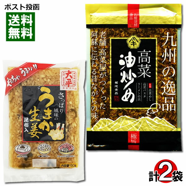 菊池食品 高菜油炒め 250g＆大平食品 さっぱり風味のうまか生姜 昆布入り 150g 各1袋お試しセット 漬物 高菜漬け しょうが ご飯のおとも 【メール便送料無料】