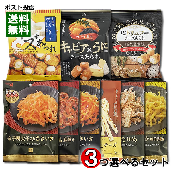 井上食品 おつまみ 9種類（さきいか＆あたりめ＆いぶりがっこチーズ＆ほたて貝ひも＆チーズいか＆えいひれ）から1つ＆チーズあられ 3種類から2つ選べる 計3袋詰め合わせセット 【メール便送料無料】