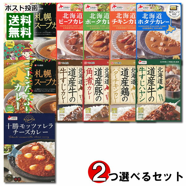 ベル食品 十勝モッツァレラチーズカレー＆北海道産素材を使ったレトルトカレー 10種類から1つ選べる 計2食詰め合わせセット【メール便送料無料】 1