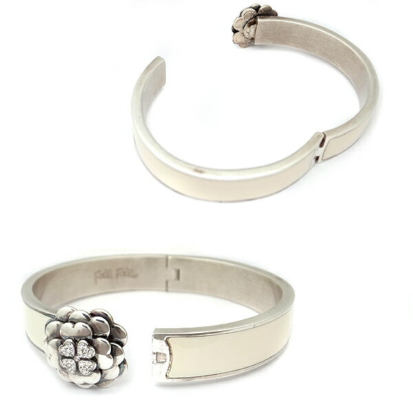 【緑屋質屋】フォリフォリ(Folli Follie) ラインストーン バングル クローバーモチーフ ステンレスxホワイトエナメル【中古】