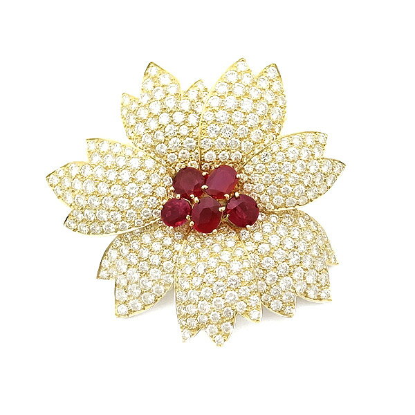 【緑屋質屋】ヴァンクリーフ&アーペル ルビー・ダイヤモンド ブローチ フラワーモチーフ K18YG【中古】