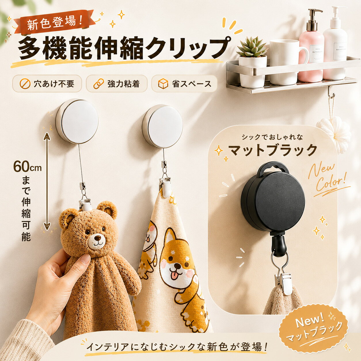 メーカー希望小売価格はメーカーカタログに基づいて掲載しています 【穴あけ不要で簡単取り付け】 面倒な穴開け作業が一切不要で、誰でも手軽に取り付け可能。特別な工具も必要なく、短時間で設置完了し、賃貸住宅でも安心してお使いいただけます。 【強力粘着でしっかり固定】 高品質強力粘着テープを採用し、壁面にしっかり密着してズレたり落下したりせず安定固定。平滑な様々な面に対応し、長期間使用しても粘着力が落ちにくく耐久性に優れています。 【最大60cmまで自由に伸縮可能】 スムーズに伸縮する設計で、最長60cmまで自在に長さ調整OK。使用シーンに合わせて長さを変えられ、遠くの場所にも簡単に届いて使い勝手が大幅アップします。 【金属製ボディで高級感アップ】 本体を頑丈な金属素材で仕上げ、プラスチック製にはない重厚感と高級感を演出。見た目がスタイリッシュなだけでなく、衝撃にも強く壊れにくい仕様になっています。 【サビに強く水回りでも安心】 防錆加工が施されているため湿気や水気に強く、浴室・洗面所・キッチンなど水回りエリアでも安心して長期使用可能。湿気による劣化や錆びつきをしっかり防ぎます。 【省スペース収納に便利】 コンパクト設計で場所を取らず、壁面に吊り下げて収納できるので空間を有効活用。玄関や洗面台周りがすっきり片付き、乱雑になりがちな小物整理に最適です。 【タオル・鍵・小物など多用途対応】 タオル・ハンカチ・帽子はもちろん、鍵・アクセサリーなど様々な小物を掛けて収納可能。1つで複数の使い方ができ、家中いろんな場所で活用できる万能アイテムです。 【スムーズ巻き取りで使いやすい】 内部リール構造が優れており、引き出しも巻き戻しも滑らかに動作。引っ掛かりがなくストレスフリーで操作でき、老若男女問わず誰でも簡単に扱えます。 【耐荷重性に優れ落下防止にも最適】 しっかりとした耐荷重性能を備えており、掛けた物が勝手に落ちる心配なし。紛失防止・落下防止対策として非常に役立ち、大事な小物をしっかり守れます。 【シンプルデザインでインテリアになじむ】 無駄のないシンプルなデザインを採用し、どんなお部屋のインテリアスタイルにも自然に溶け込みます。実用性だけでなく見た目の美しさも兼ね備えています。製品仕様 製品カラー メタリック/ブラック 製品重量 約33.7g 製品材質 メタリック:鉄 + ステンレス ブラック:鉄+ プラスチック 耐荷重 通常使用で約80gまで 製品サイズ タリック：約9.5cm × 4.0cm × 1.2cm ブラック：約8.6cm × 3.2cm × 1.2cm 生産国 中国 注意 ・サイズは手作業測定のため、若干の誤差が生じる場合がございます。 ・撮影環境・照明により、実物と色味が多少異なる場合がございます。