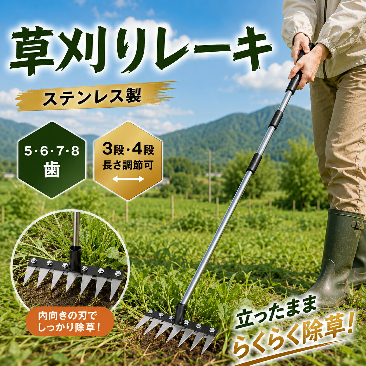 Rakuten - 草刈りレーキ 伸縮式 ガーデンレーキ 長さ調節 草取り道具 6/7/8歯 8本爪 熊手 草刈り 多用途 軽量 金属炭素鋼レーキ 多用途 草削り 雑草取り 雑草抜き 雑草対策 ガーデニング 除草 落葉掃き 田畑 芝生 目土 工具不要 簡単組立 軽量で腰・膝ラクラク