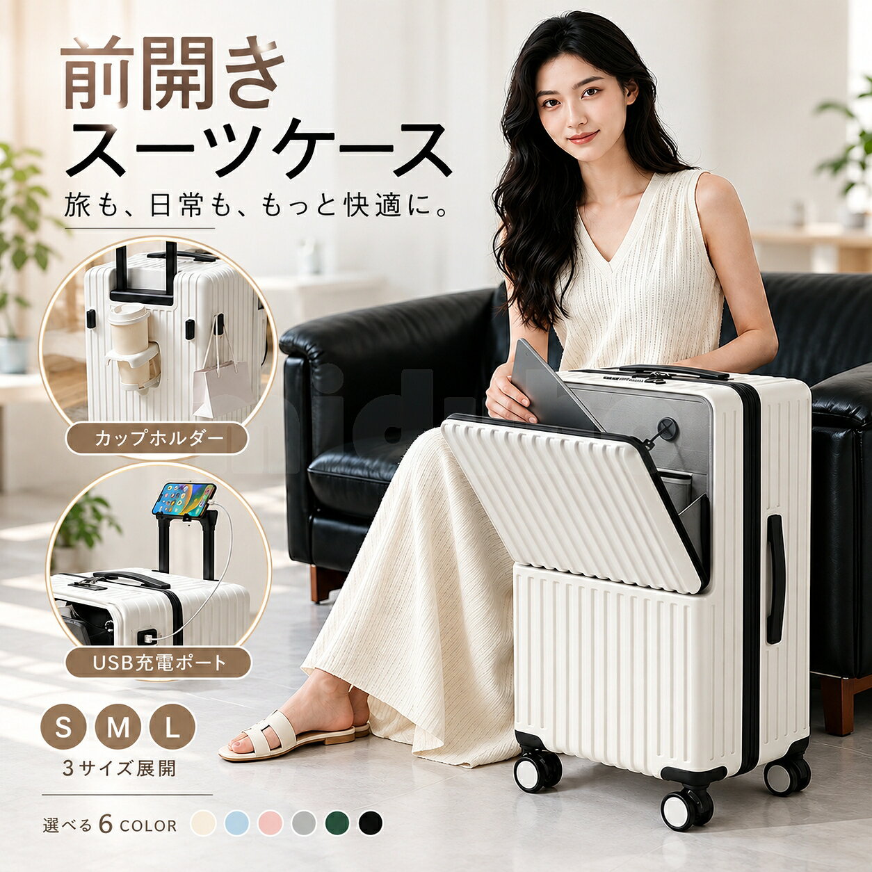 FRONT OPEN SUITCASE 旅をもっと、スマートに。 使いやすさにこだわった 多機能フロントオープンスーツケース S / M / L サイズ展開 選べる全6カラー 前からサッと開けて、必要なものをすぐに取り出せる。 便利な収納機能と使いやすさを備えたキャリーケース。 旅行や出張、帰省など、さまざまなシーンを 快適にサポートします。 商品の特徴 フロントオープン スーツケースを全開にせず、前面から荷物を出し入れできる便利な設計。ノートPCやタブレット、小物類の収納に役立ちます。 3:7収納構造 荷物を整理しやすい3:7の開閉構造。衣類や旅行用品をすっきり収納でき、必要なものを取り出しやすい仕様です。 カップホルダー ドリンクを置ける便利なホルダー付き。移動中や待ち時間にも活躍します。 USB充電ポート USB充電ポートを搭載。別途モバイルバッテリーを接続することで、スマートフォンなどの充電に対応します。 スマホスタンド スマートフォンを置けるスタンド機能を搭載。移動中や待ち時間も快適に過ごせます。 サイドフック 手提げバッグや小物などを掛けられる便利なフック付き。両手を使いたいときにも役立ちます。 TSAロック ダイヤル式TSAロックを採用。海外旅行時にも便利なセキュリティ機能を備えています。 静音キャスター TPE素材を使用したキャスターが走行時の振動や音を軽減。スムーズな移動をサポートします。 アルミ合金製キャリーバー 3段階の高さ調節に対応。使いやすい高さに合わせて調整できます。 キズ防止パッド 本体側面の保護パッドにより、横置き時の床との接触や擦れを軽減します。 SIZE VARIATION 選べる3サイズ サイズ S M L 外寸（約） 31×26×54.5cm 39×30×66cm 39×31×70.5cm 重量（約） 3.3kg 4.0kg 4.7kg 宿泊目安 1～3泊 3～5泊 7～10泊 キャスター 4輪仕様 5輪補助設計 5輪補助設計 機内持ち込み 不可 不可 不可 ※サイズ・重量は測定方法により多少の誤差が生じる場合があります。 ※宿泊日数は荷物の量や季節によって異なります。 ※すべてのサイズが機内持ち込み不可です。受託手荷物としてお預けください。 COLOR VARIATION 選べる全6カラー ホワイト×ブラック グレー×ブラック ホワイト×パープル ホワイト×グリーン ホワイト×オレンジ ブラック×イエロー ご購入前にご確認ください ・本商品はすべてのサイズが機内持ち込み不可となります。 ・USB充電機能の使用には、別途モバイルバッテリーが必要です。 ・カラーは撮影環境やモニター設定により、実物と多少異なる場合があります。 ・サイズや重量は測定方法によって多少の誤差が生じる場合があります。 ・キャスターの構造はサイズにより異なります。 毎日の移動から、特別な旅まで。 A BETTER TRAVEL EXPERIENCE製品仕様 Sサイズ Mサイズ Lサイズ 商品名 フロントオープンスーツケース 外寸（約） 31×26×54.5cm 39×30×66cm 39×31×70.5cm 重量（約） 3.3kg 4.0kg 4.7kg 宿泊目安 1～3泊 3～5泊 7～10泊 キャスター 4輪仕様 5輪補助設計 5輪補助設計 機内持ち込み 不可 不可 不可 開閉方式 フロントオープン / 3:7収納設計 ロック TSAダイヤルロック 本体素材 PC（ポリカーボネート）複合素材 キャリーバー アルミ合金製 / 3段階高さ調節 カラー ホワイト×ブラック グレー×ブラック ホワイト×パープル ホワイト×グリーン ホワイト×オレンジ ブラック×イエロー 主な機能 フロントオープン / 大容量収納 / 3:7収納設計 / ダブルファスナー / TSAダイヤルロック / 静音キャスター / 3段階調節キャリーバー / カップホルダー / スマホスタンド / サイドフック / USB充電ポート / キズ防止パッド 生産国 中国 注意事項 ※S・M・Lサイズは、すべて機内持ち込み不可となります。受託手荷物としてお預けください。 ※Sサイズは4輪仕様、M・Lサイズは中央補助輪付きの5輪仕様です。 ※USB充電機能の使用には、別途モバイルバッテリーが必要です。モバイルバッテリーは付属しておりません。 ※サイズ・重量は手作業による測定のため、多少の誤差が生じる場合がございます。 ※商品の色味は、撮影環境やモニターの設定により実物と多少異なる場合がございます。