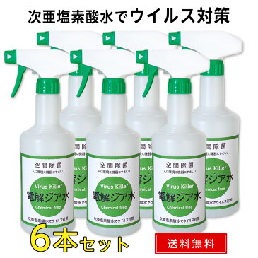 電解ジア水 500mL スプレーボトル 6本セット 次亜塩素酸水 ウイルス対策 除菌 消臭 強力除菌 赤ちゃんにも使える 安心 マスク 空間に使える 加湿器 学校 病院 ホテル 介護 飲食店