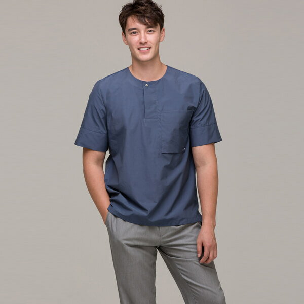  Tops POversized Hidden Placket Scrub Men's Top Smoke Blue±˥ե...