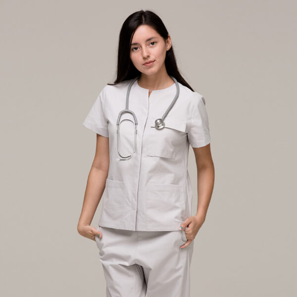 女性用 TOP☆Notch neck 3-pocket Open Scrub Women's Top Cement☆病院ユニフォームデザイナー専門ブランド Acmeci☆医者・病院制服・手術着・スクラブ・医務衣などの専門店です♪ Acmeci