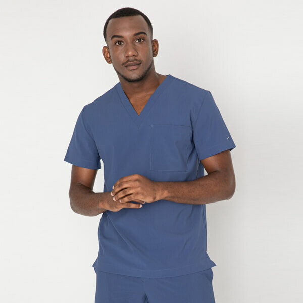  Tops V-Neck Single Pocket Scrub Men's Top Medieval Blue±˥ե...