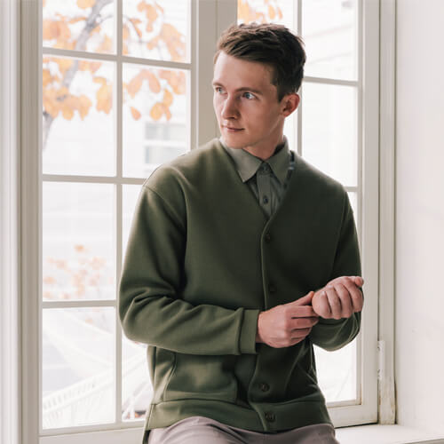 カーディガン☆Side Slit Cotton Oxford Warm Cardigan #AC1975 Khaki☆ユニフォームデザイナー専門ブランド a.m...