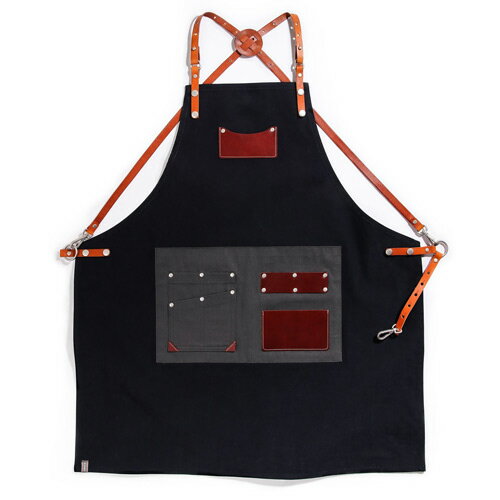 キャンバス生地に 裏面に内側からの防水機能エプロン☆customizing canvas leather apron Navy #AA1807☆ユニフォームデザイナー専門ブランド a.mont☆飲食店・ホテル・サービスユニフォーム 制服…