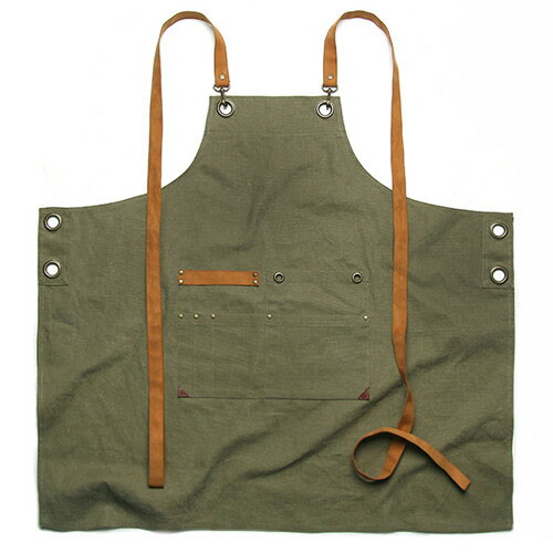 紐を結ぶラインがユニークなデザインがポイントエプロン☆Shoelace canvas chest apron Khaki #AA1823☆ユニフォームデザイナー専門ブランド a.mont☆飲食店・ホテル・サービスユニフォーム 制服 …