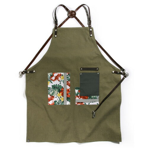 フラワーパターンの配色とスウェードポケットエプロン☆Flower pattern canvas leather apron Khaki #AA1834☆ユニフォームデザイナー専門ブランド a.mont☆飲食店・ホテル・サービスユニフォーム…