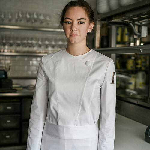 首にもどかしさを感じないデザインのシェフコート☆Doep round neck stretch women chef coat (White) #AJ1953☆...