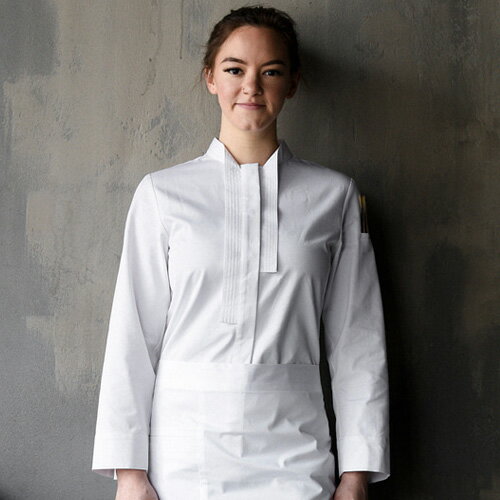 楽天MIELセレクトショップネックラインが前面へと流れるスタイルのシェフコート☆Marane stretch women chef coat （White） #AJ1954☆ユニフォームデザイナー専門ブランド a.mont☆飲食店・ホテル・サービスユニフォーム（制服）接客・厨房・コックコート・エプロンなどの専門店です♪ ☆a-mont