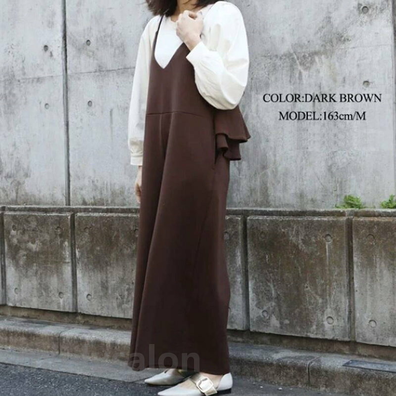 mielysalonの送料無料 バックフリルサロペット サロペットパンツ ワイドパンツ レディース ロングパンツ 長ズボン ゆったり カジュアル きれいめ 無地 シンプル かわいい｜アングル3