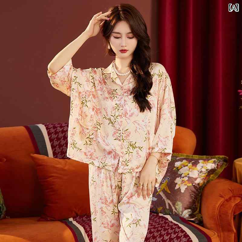 ワイドレッグ　パンツ　レディース 物語 水仙 ピンク プリント 春夏 薄手 冷感 ゆったり パジャマ レディース 部屋 着 セット