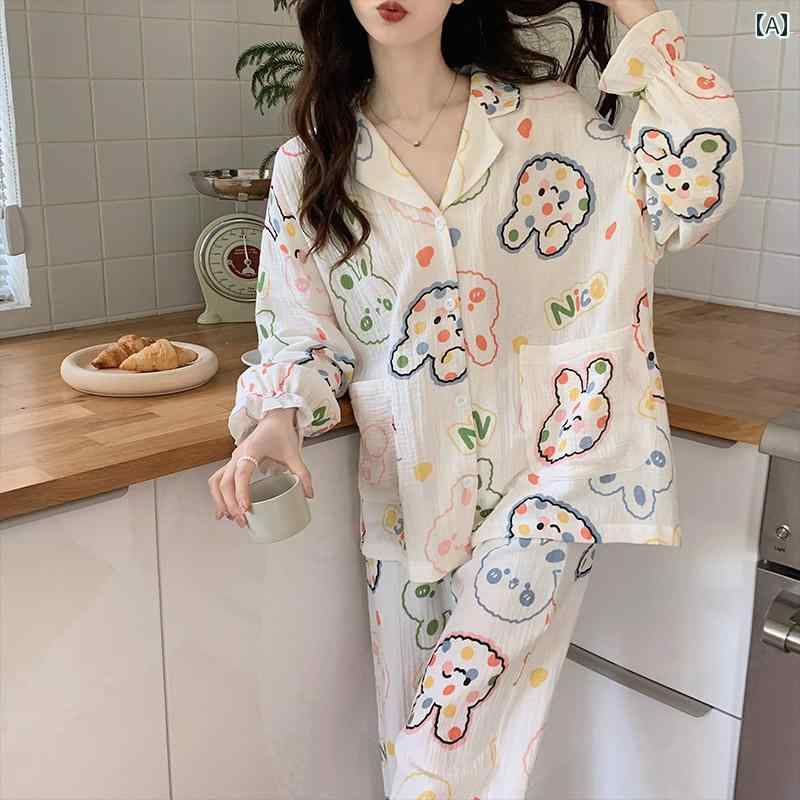 ワイドレッグ　パンツ　レディース GP 綿糸 プリント パジャマ レディース 春秋 韓国 長袖 クマ 夏 ホーム 服 スーツ