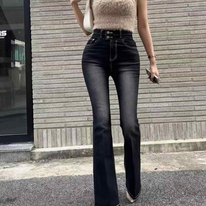 デニム パンツ レディース 体型カバー 美脚 韓国 婦人服の高 商品の 2 色の 新型の高 腰の スピーカーの ズボンの レディース 2 粒の ボタンは 身を 修めて やせて 白い ジーパンを 現します。(4)