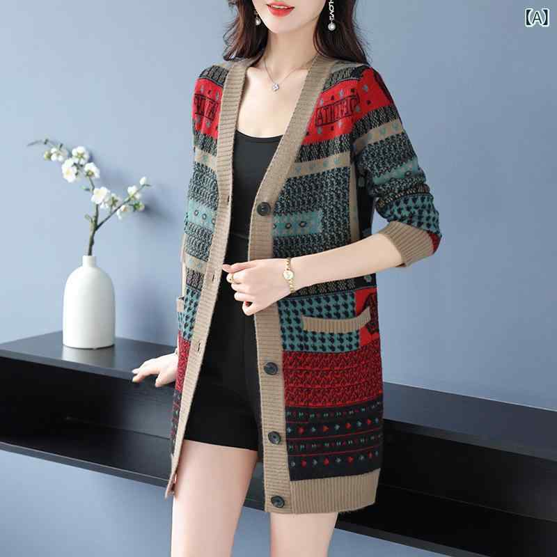 レディース 長袖 秋冬 膝丈 きれいめ 上品 チェック柄 カーディガン コート 女性 秋冬服 新型 ファッション ストライプニット レトロ v ネック ゆるい セーター コート り
