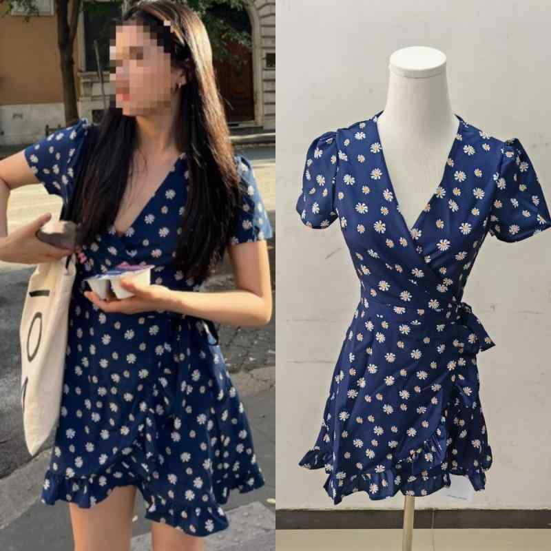 花柄ワンピース レディース 秋冬 長袖 小花柄 きれいめ シフォン 長期 スポット 2025 夏 張 儀と 同じ ダーク ブルーの プリント デイジー 花柄 フリル ウエスト ドレス