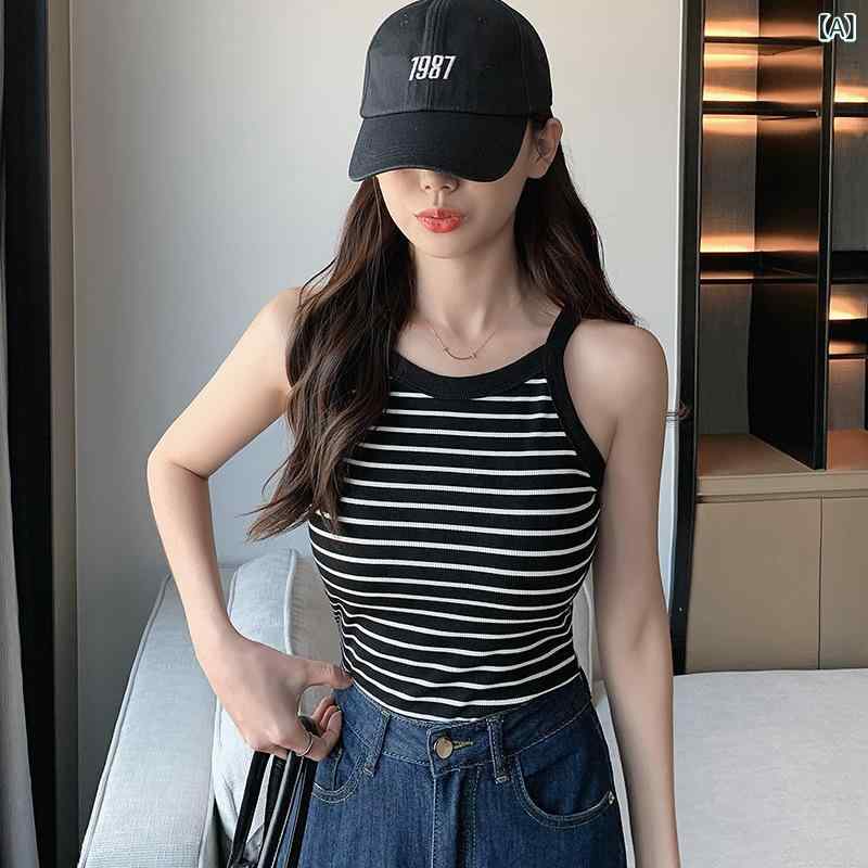 サマーニット ノースリーブ レディース トップス ストライプ ニットキャミソール レディース 夏 露出 防止 スリム ショート ホット ガール インナー レイヤリング トップ(4)