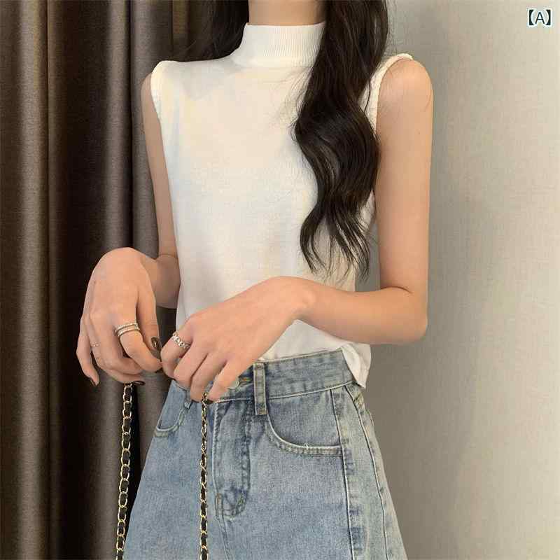 サマーニット ノースリーブ レディース トップス ストライプ ハーフ タートルネックニット ベスト レデ..